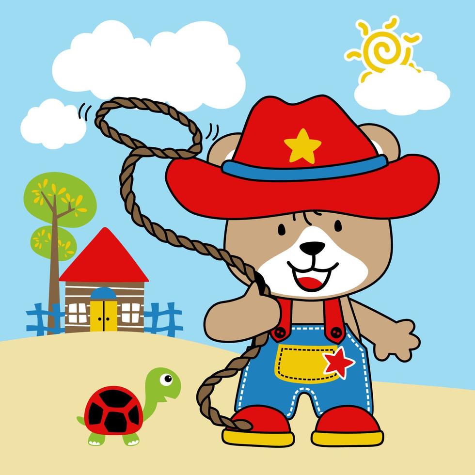 vektor illustration av tecknad serie liten Björn i cowboy kostym spelar lasso