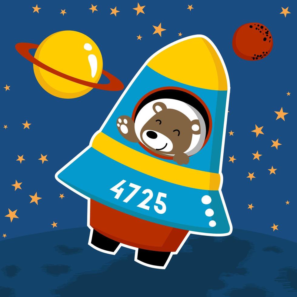 söt Björn på raket med Plats planeter, vektor tecknad serie illustration
