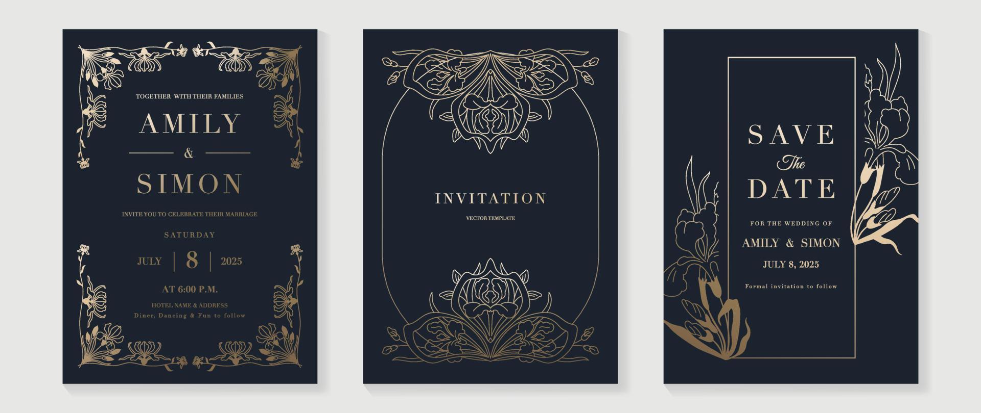 Luxus-Hochzeitseinladungskarte Hintergrundvektor. goldene textur botanische blumenblattzweiglinie kunst mit geometrischer rahmenschablone. designillustration für hochzeits- und vip-cover-vorlage, banner. vektor