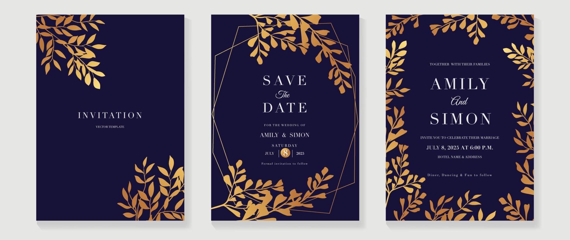 Luxus-Hochzeitseinladungskarte Hintergrundvektor. botanischer blumenblattzweig der goldenen textur mit geometrischer rahmenlinie kunstschablone. designillustration für hochzeits- und vip-cover-vorlage, banner. vektor