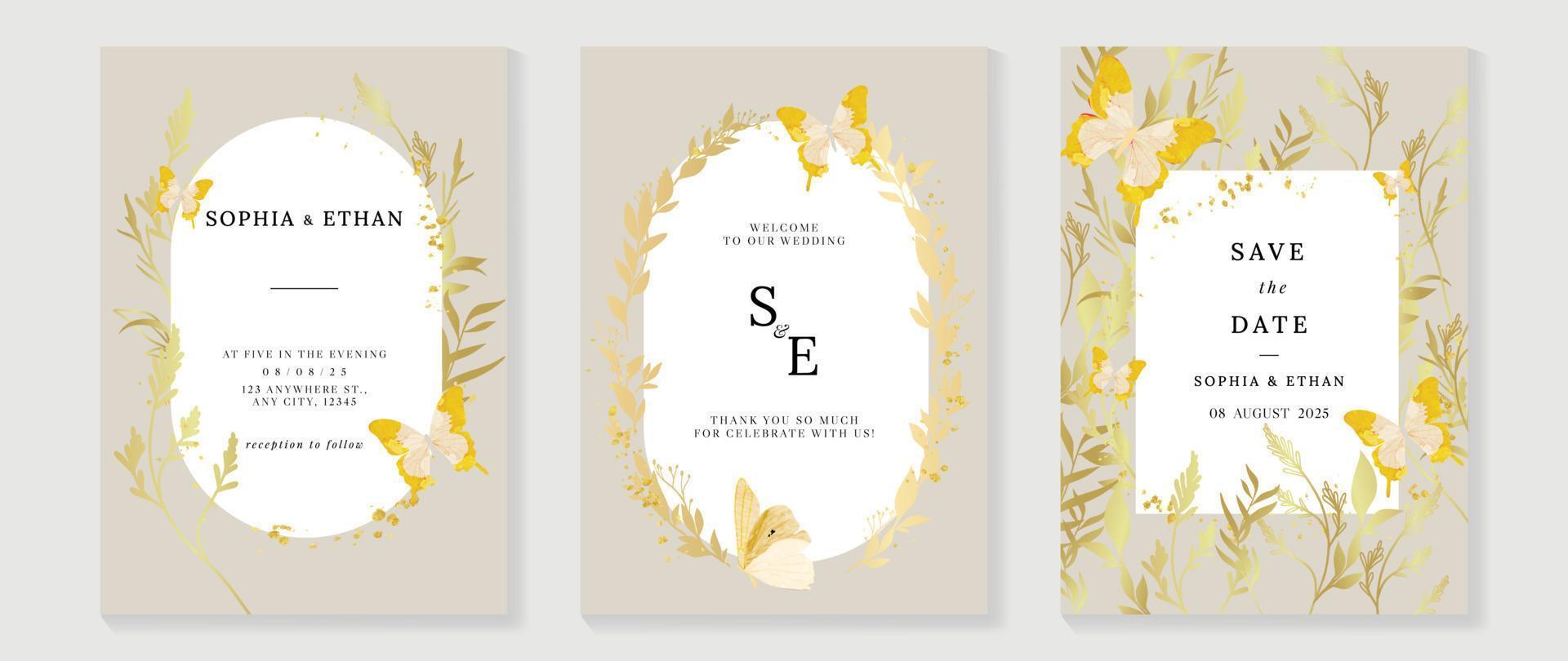 Luxus-Hochzeitseinladungskarte Hintergrundvektor. goldene textur botanischer blattzweig und schmetterling mit geometrischer rahmenvorlage. designillustration für hochzeits- und vip-cover-vorlage, banner. vektor