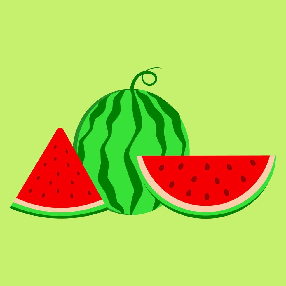 Wassermelone ganz und Scheiben in der Nähe. auf grünem Hintergrund. reife köstliche Vitaminvektorillustration vektor