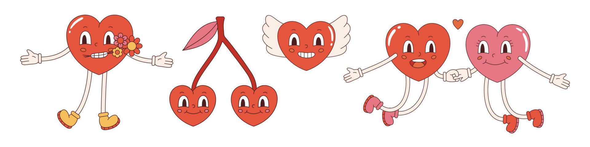 vektor kärlek uppsättning i retro stil. rolig hjärtan med ansikten y2k. söt hjärta formad tecken i röd och rosa färger 70-tal. Lycklig valentines dag.