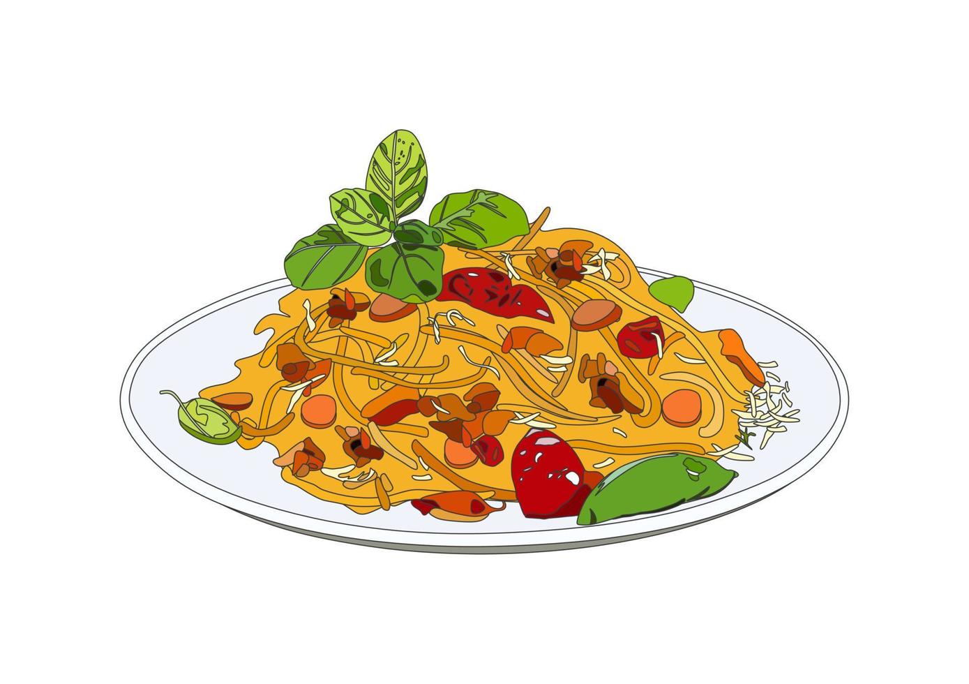 italiensk pasta spaghetti med tomat, kött, ost och basilika. italiensk spaghetti mat recept. vegan pasta spaghetti spaghetti meny stänga upp illustration vektor. vektor