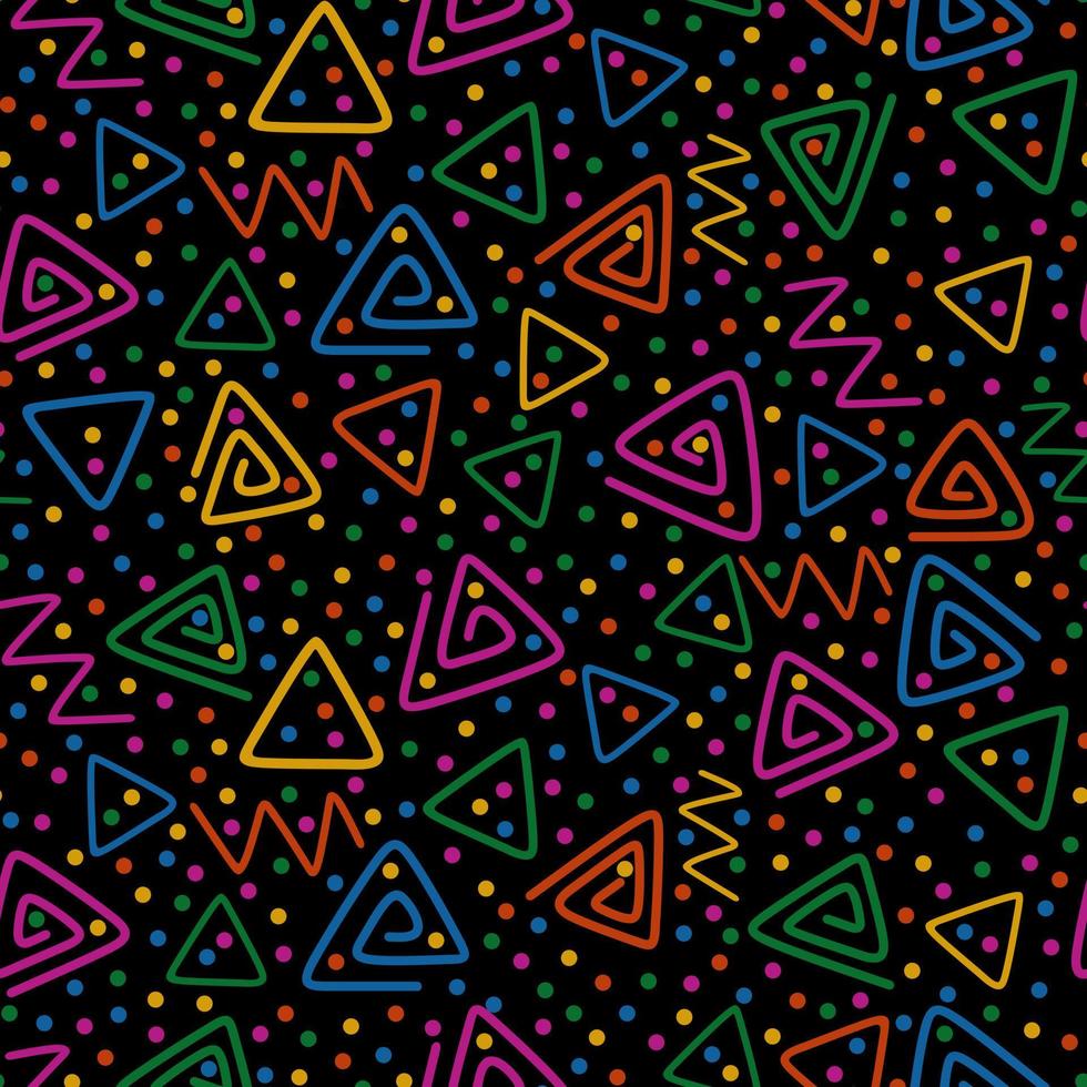 färgrik sömlös mönster på svart bakgrund. trianglar, serpentin, prickar och sicksack. roligt färgrik linje klotter form bakgrund. abstrakt. textil, skriva ut, tyg, omslag papper. vektor