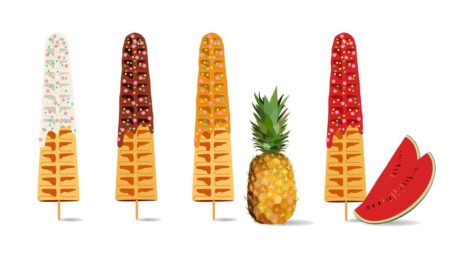 Süßspeisen-Vektor-Set-Illustration von goldbraunem, hausgemachtem Corn Dog oder Hot-Dog-Waffeln auf einem Stock in verschiedenen Geschmacksrichtungen und Wassermelone, Ananas, weißer und schwarzer Schokolade. Sammlung. vektor