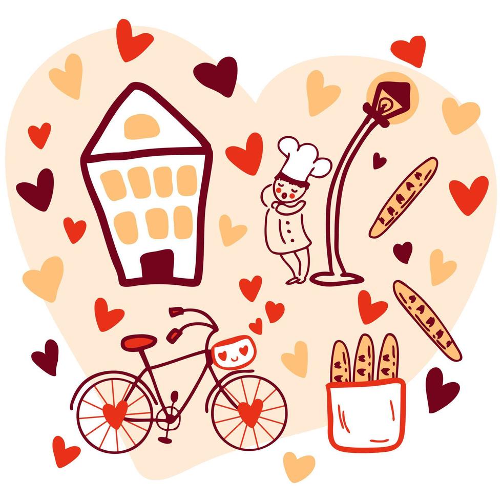 en sömnig laga mat och en cykel i kärlek hjärtformade mönster för valentine dag. hand dragen vektor illustration för dekor och design.