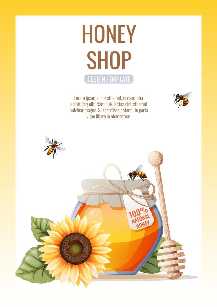 flygblad design, reklam baner med en naturlig användbar produkt-honung. honung affär, friska och ljuv Produkter. vektor illustration av affisch i a4 storlek för flygblad, baner, vykort, affisch, etc.