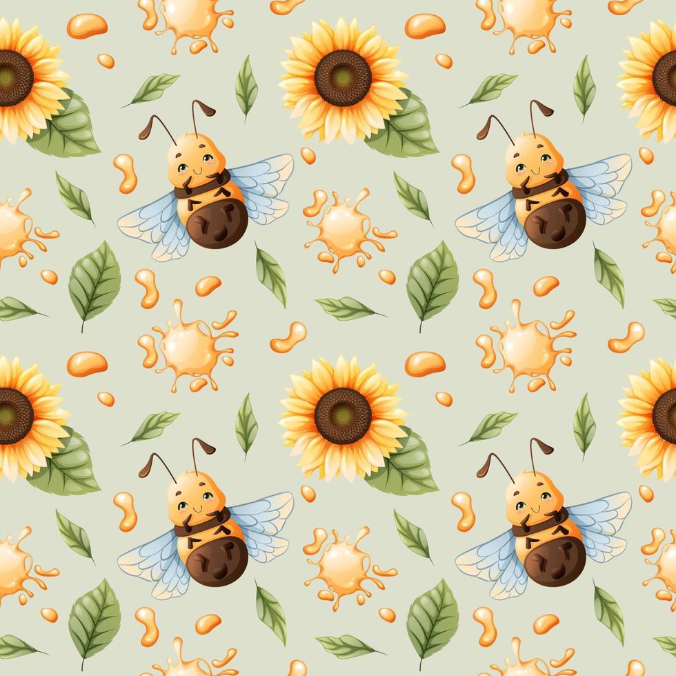 vektor sömlös mönster med tecknad serie bin, honung, solrosor på en grön bakgrund. bra för textilier, tapeter, bakgrunder