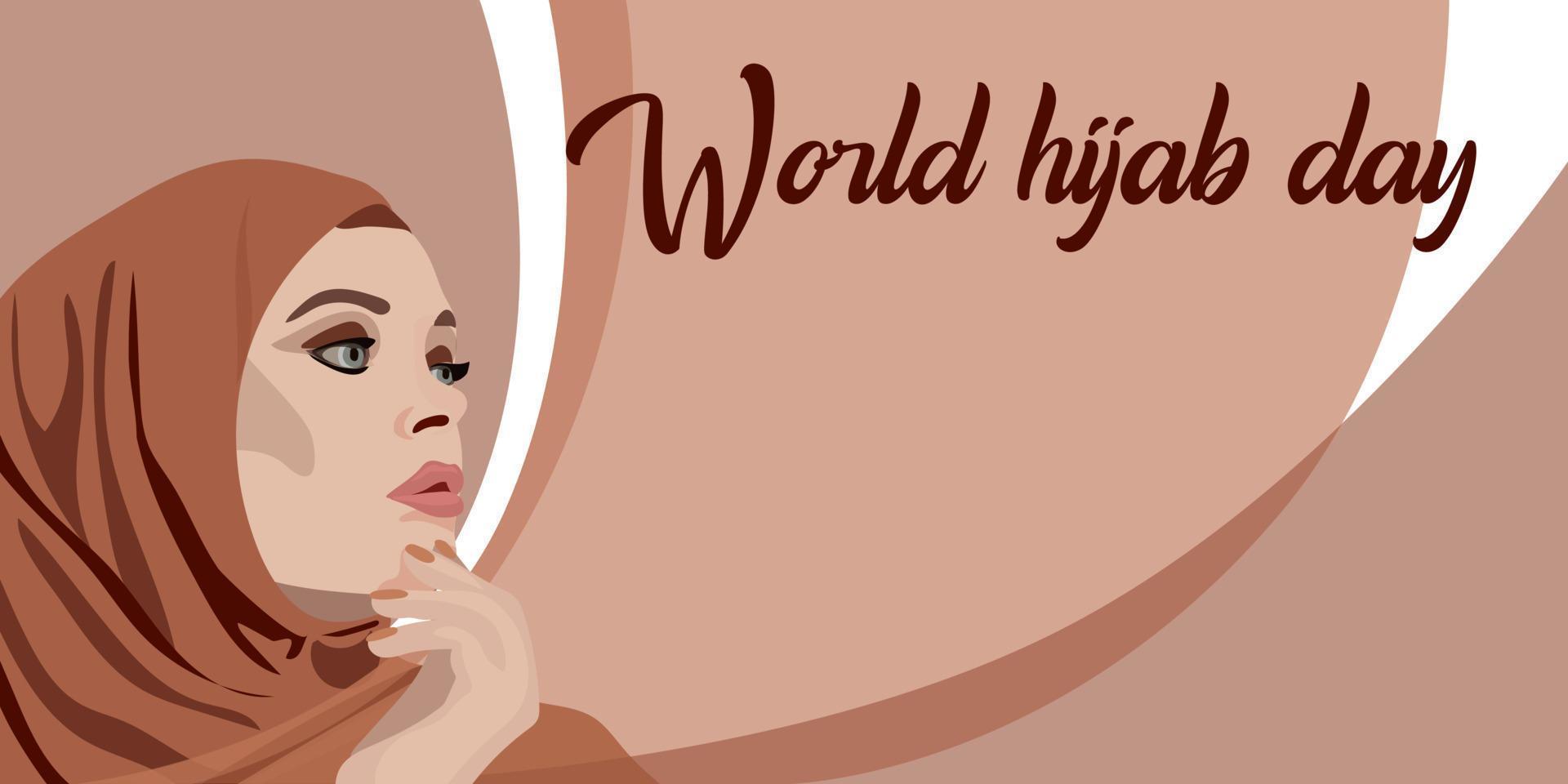 värld hijab dag. en muslim kvinna i en hijab. arab kvinna. 1 februari. Lycklig värld kvinnors dag i hijab. vektor illustration av en flicka i en huvudduk. de baner