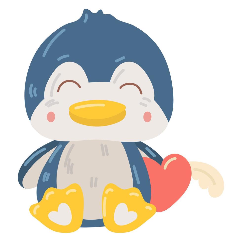 söt teddy pingvin i tassar hjärta med vingar. en mjuk leksak blå pingvin som en gåva för hjärtans dag. en gåva för din älskade ettor. en snäll leksak för barn i delikat nyanser. tecknad serie vektor illustration