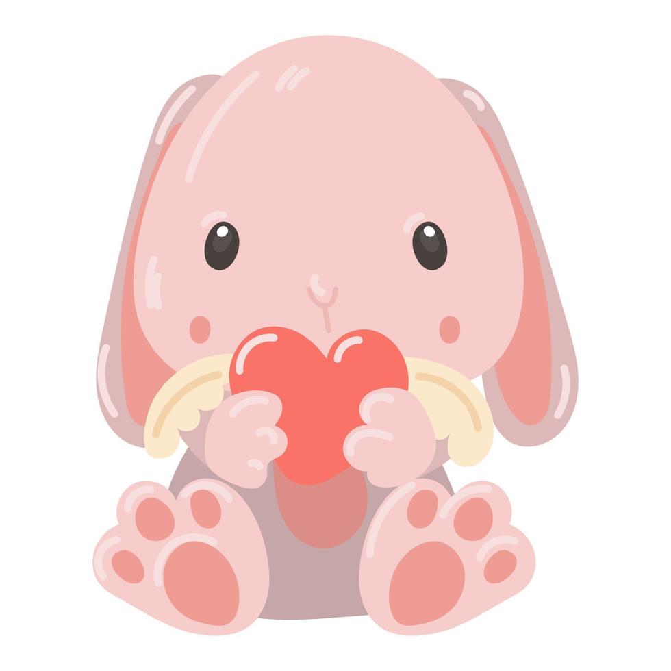 en söt fylld kanin i de tassar av en hjärta med vingar. en mjuk leksak av en rosa kanin som en gåva för hjärtans dag. en gåva för din älskade ettor. en snäll leksak för barn i delikat nyanser. tecknad serie vektor