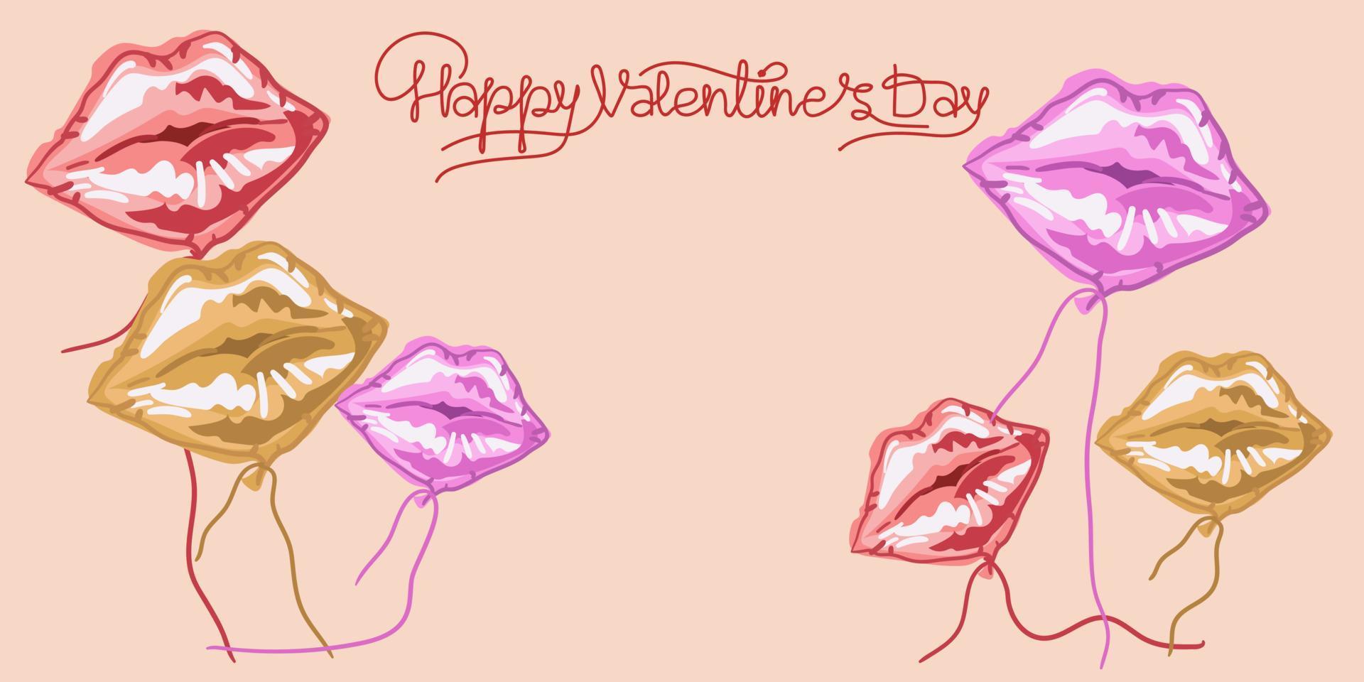 ett illustration med de inskrift Lycklig hjärtans dag och ballonger i de form av en kyss på en rosa bakgrund. en gåva kort för Allt älskare. utskrift på papper vykort, baner vektor