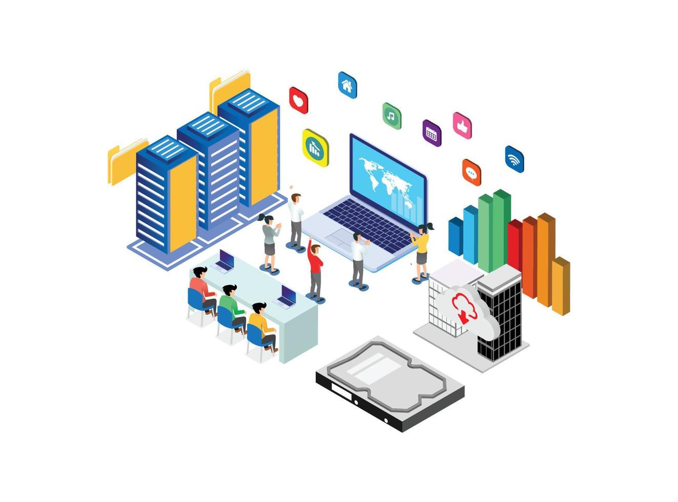 moderne isometrische intelligente cloud-datenbankverarbeitungstechnologieillustration auf weißem isoliertem hintergrund mit menschen und digitalem vermögenswert vektor