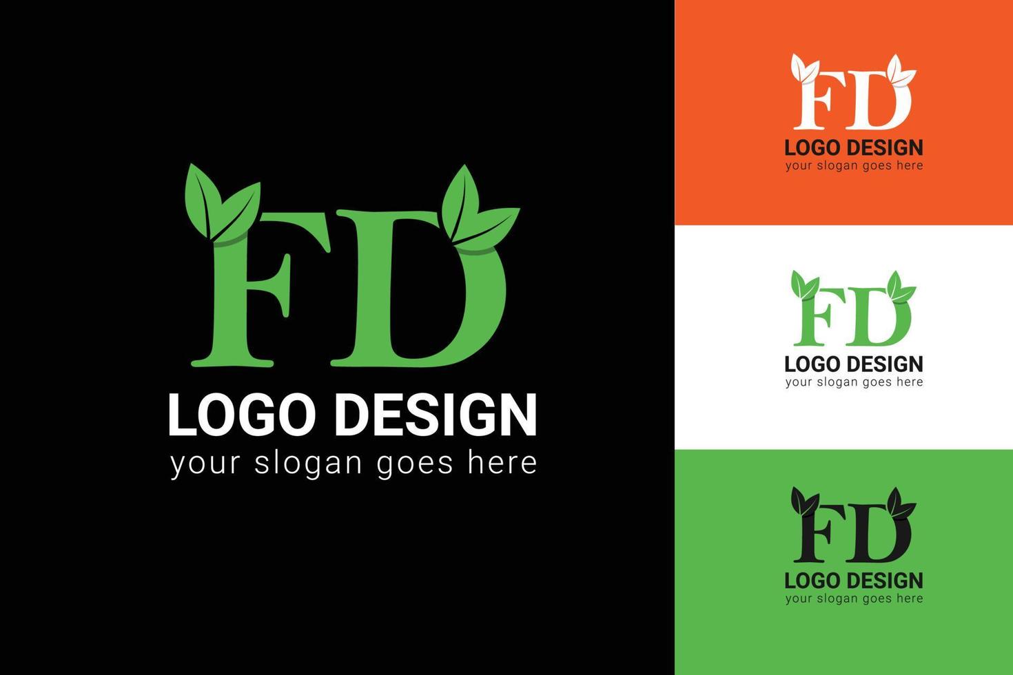 Ökologie-fd-Buchstaben-Logo mit grünem Blatt. fd-Buchstaben Öko-Logo mit Blatt. Vektorschrift für Naturplakate, umweltfreundliches Emblem, vegane Identität, Kräuter- und botanische Karten usw. vektor