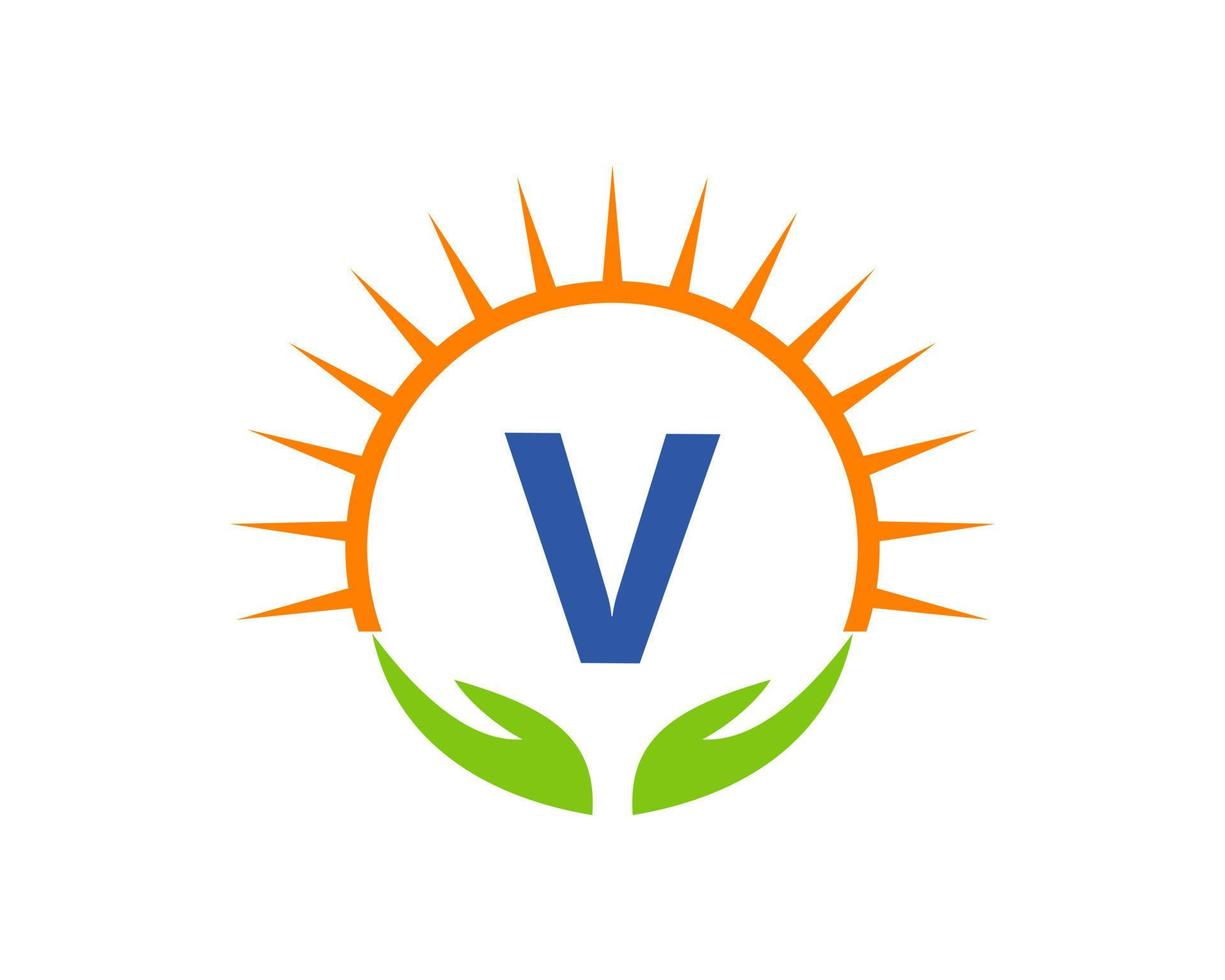 wohltätigkeitslogo mit hand-, sonne- und v-buchstabenkonzept. Charity-Logo-Vorlage Spende Organisation Logotyp Vektor
