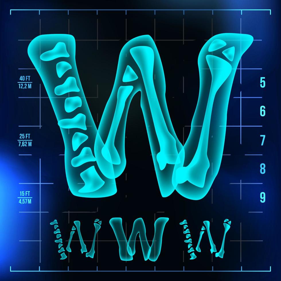 w brev vektor. huvudstad siffra. röntgen röntgen font ljus tecken. medicinsk radiologi neon skanna effekt. alfabet. 3d blå ljus siffra med ben. medicinsk, sjukhus, futuristisk, Skräck stil. illustration vektor