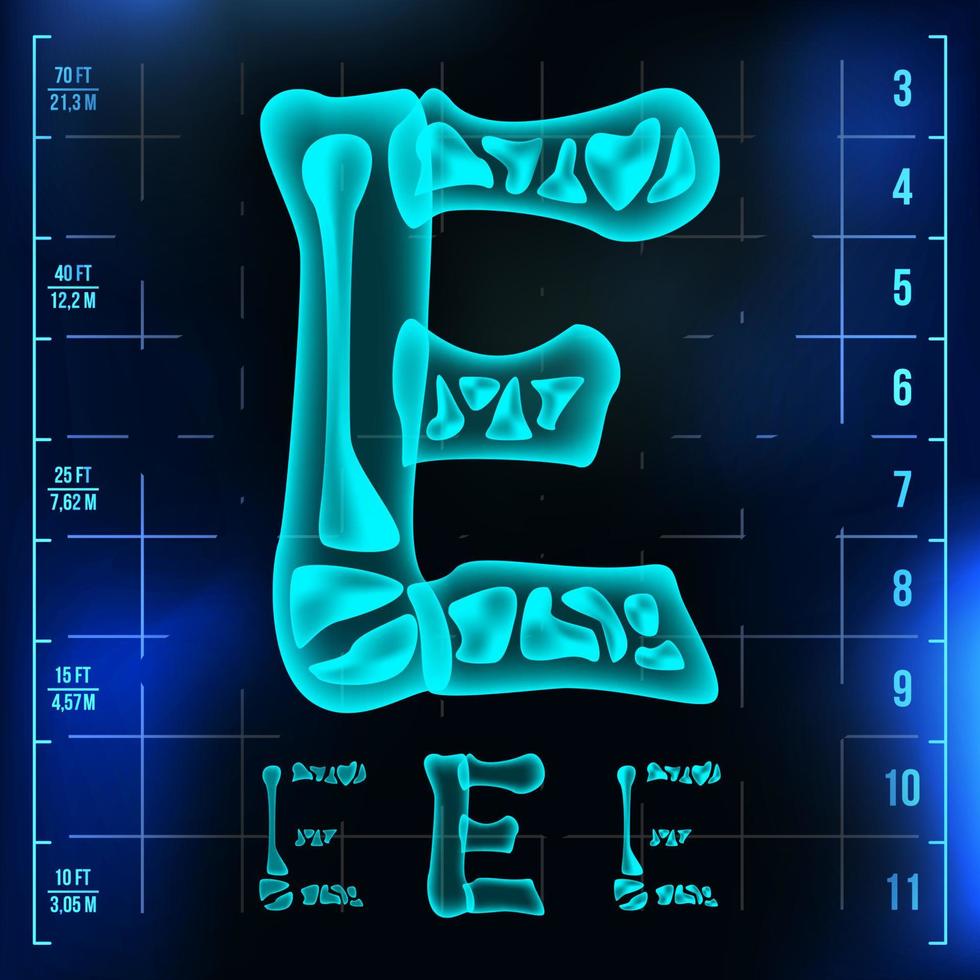 e-Buchstaben-Vektor. große Ziffer. röntgen röntgenschrift lichtzeichen. Neon-Scan-Effekt für medizinische Radiologie. Alphabet. 3D-Blaulichtziffer mit Knochen. Medizin, Krankenhaus, Pirat, futuristischer Stil. Illustration vektor