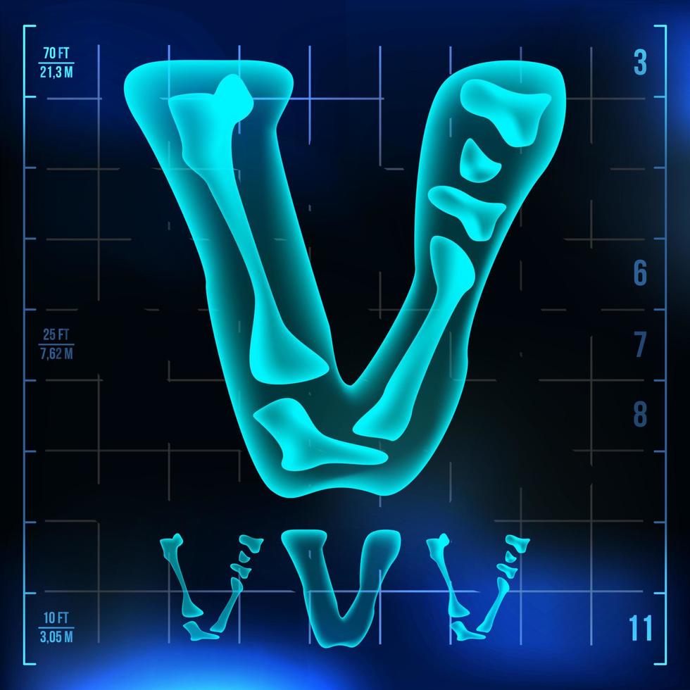 v Buchstabenvektor. große Ziffer. röntgen röntgenschrift lichtzeichen. Neon-Scan-Effekt für medizinische Radiologie. Alphabet. 3D-Blaulichtziffer mit Knochen. medizinisch, Krankenhaus, futuristisch, Horrorstil. Illustration vektor