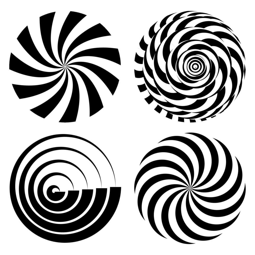 radiell spiral strålar uppsättning. vektor psychedelic illustration. vriden rotation effekt. virvlande svartvit former. svart och vit virvel bakgrund. svart och vit hypnos. optisk konst illustration