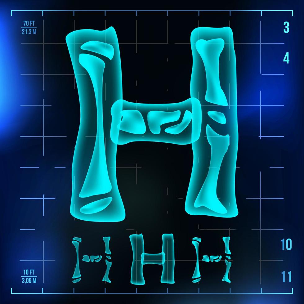 h Briefvektor. große Ziffer. röntgen röntgenschrift lichtzeichen. Neon-Scan-Effekt für medizinische Radiologie. Alphabet. 3D-Blaulichtziffer mit Knochen. medizinisch, pirat, futuristisch, horrorstil. Illustration vektor