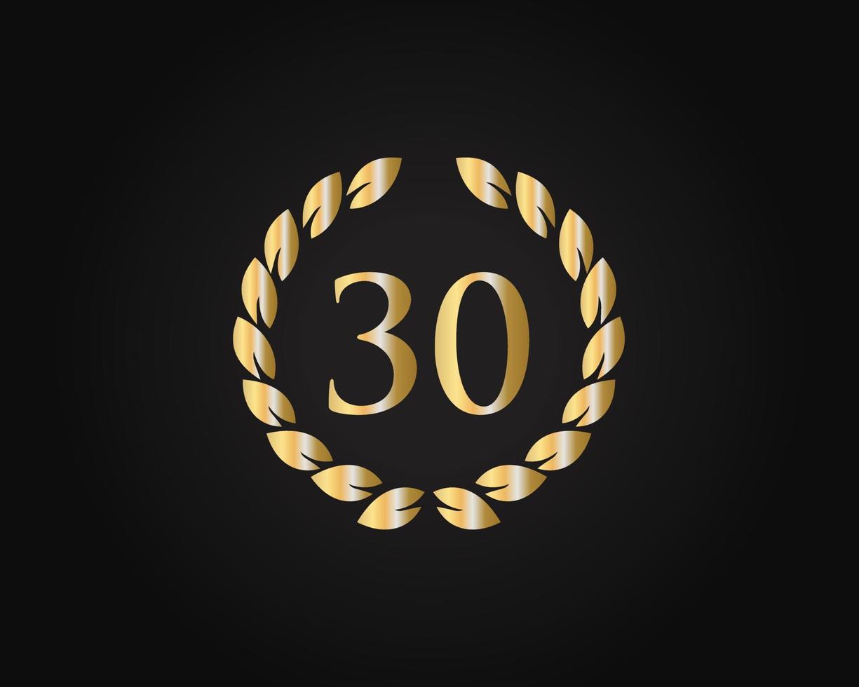 30 Jahre Jubiläumslogo mit goldenem Ring isoliert auf schwarzem Hintergrund, für Geburtstag, Jubiläum und Firmenfeier vektor