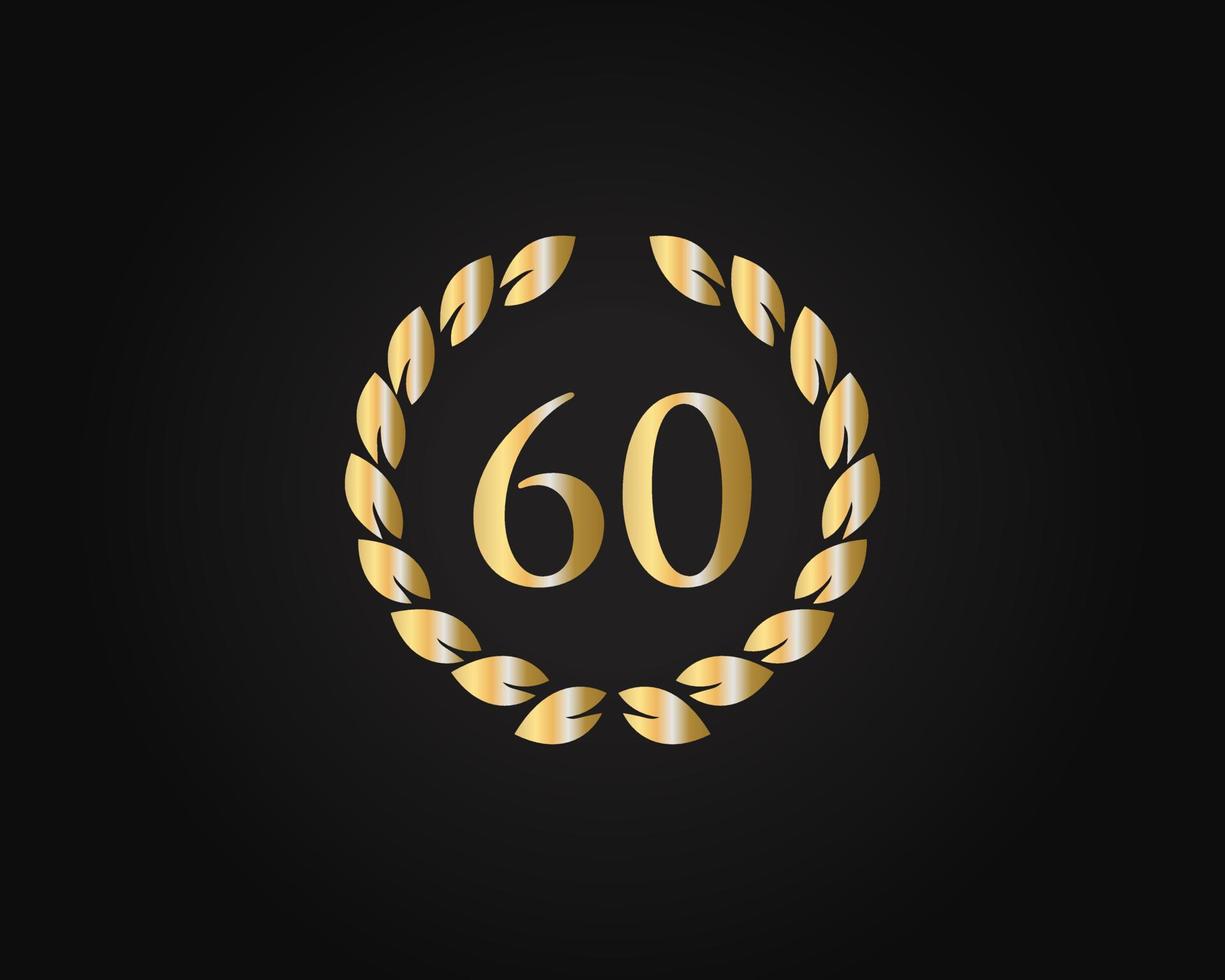 60 Jahre Jubiläumslogo mit goldenem Ring isoliert auf schwarzem Hintergrund, für Geburtstag, Jubiläum und Firmenfeier vektor