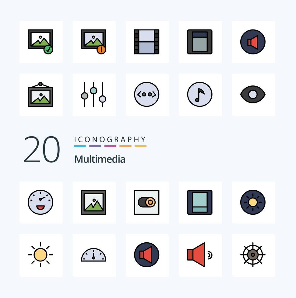 20 multimedia linje fylld Färg ikon packa tycka om video filma toggle Foto varna vektor
