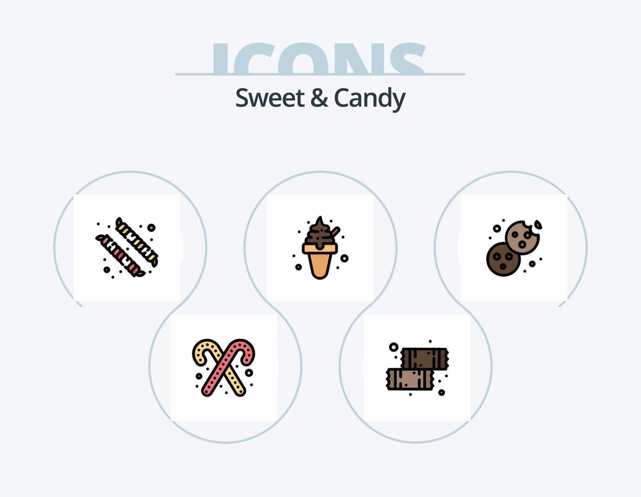 mit süßen und süßen Linien gefülltes Icon-Pack 5-Icon-Design. Süßigkeiten. Karneval. Süss. Kuchen. Lebensmittel vektor