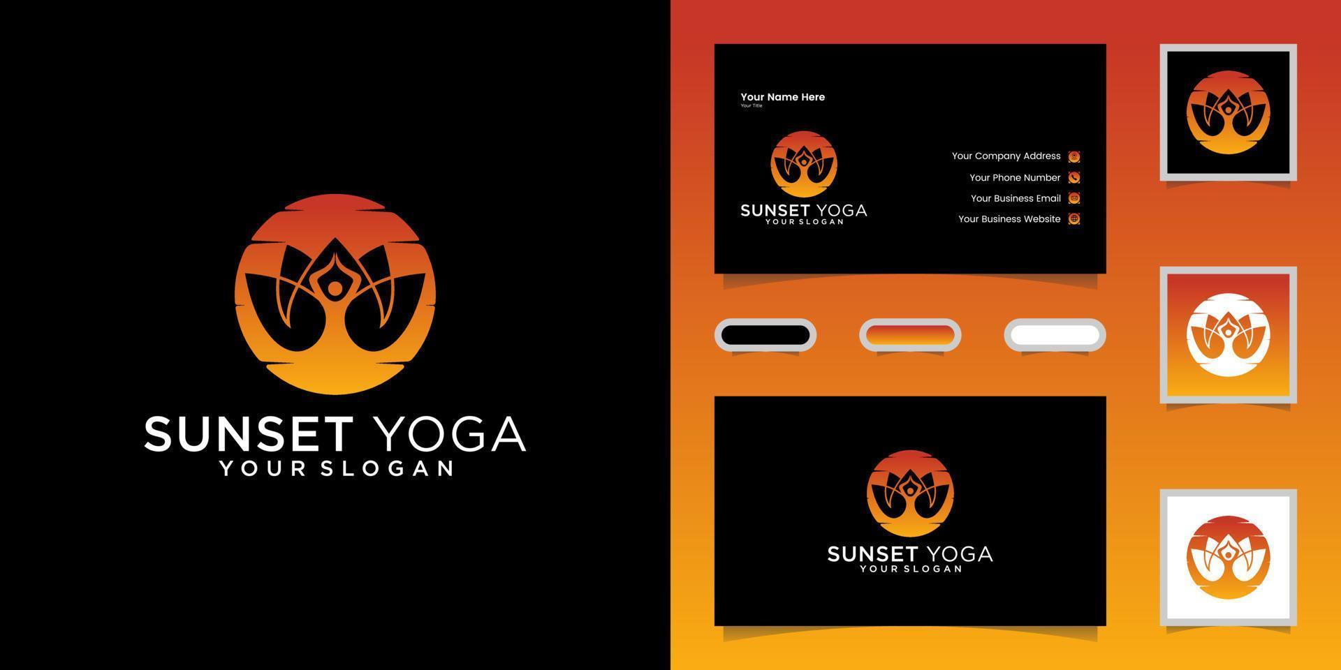 Sonnenuntergang-Yoga-Logo-Frauen-Silhouette-Design-Vorlage und Visitenkarte vektor