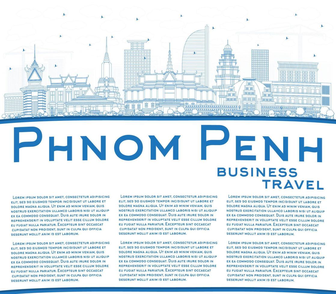 umriss die skyline von phnom penh kambodscha mit blauen gebäuden und kopierraum. vektor