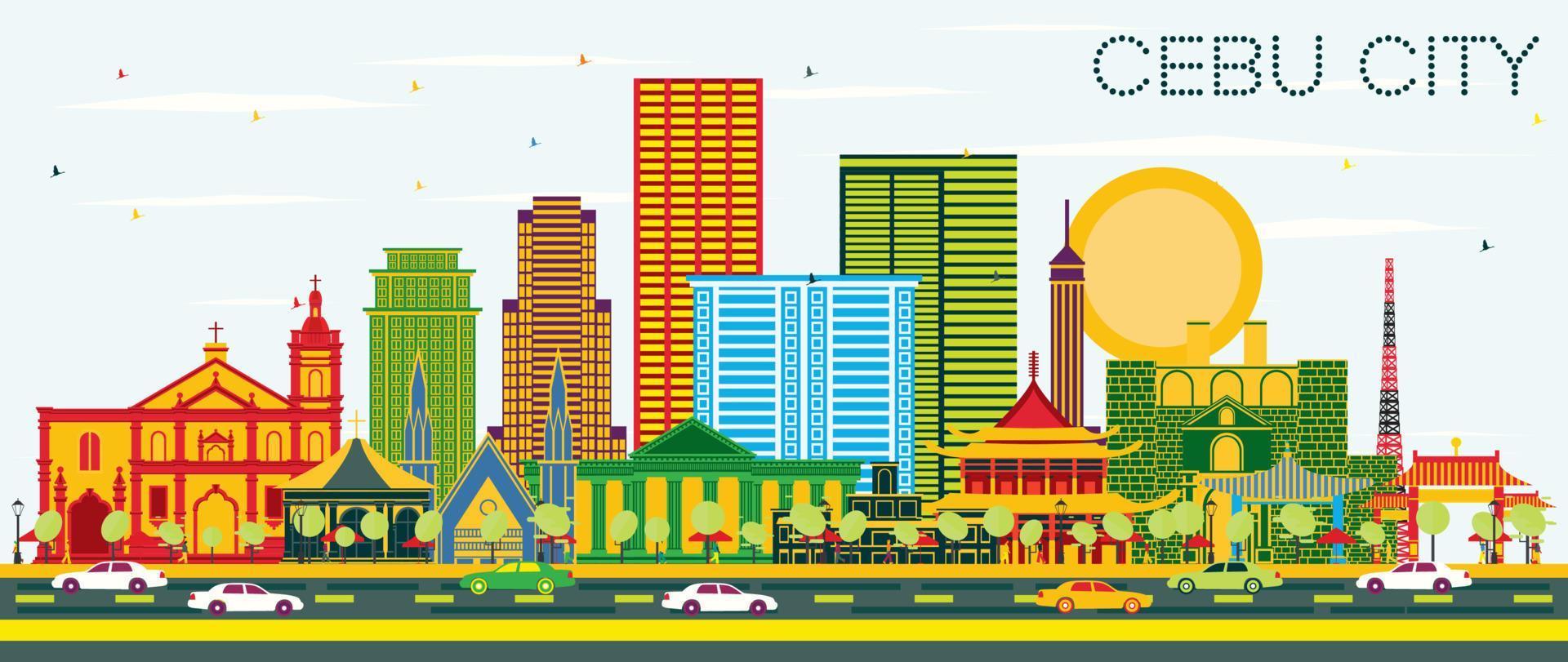 cebu city philippinen skyline mit farbigen gebäuden und blauem himmel. vektor