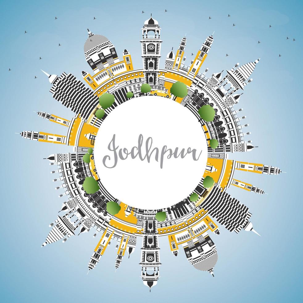 jodhpur india city skyline mit farbigen gebäuden, blauem himmel und kopierraum. vektor