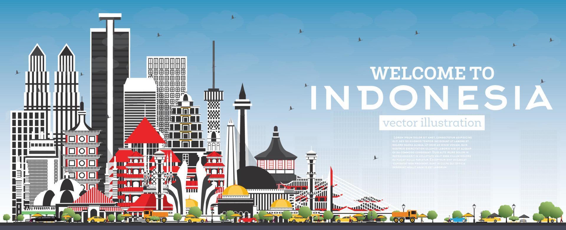 willkommen in der indonesischen skyline mit grauen gebäuden und blauem himmel. vektor