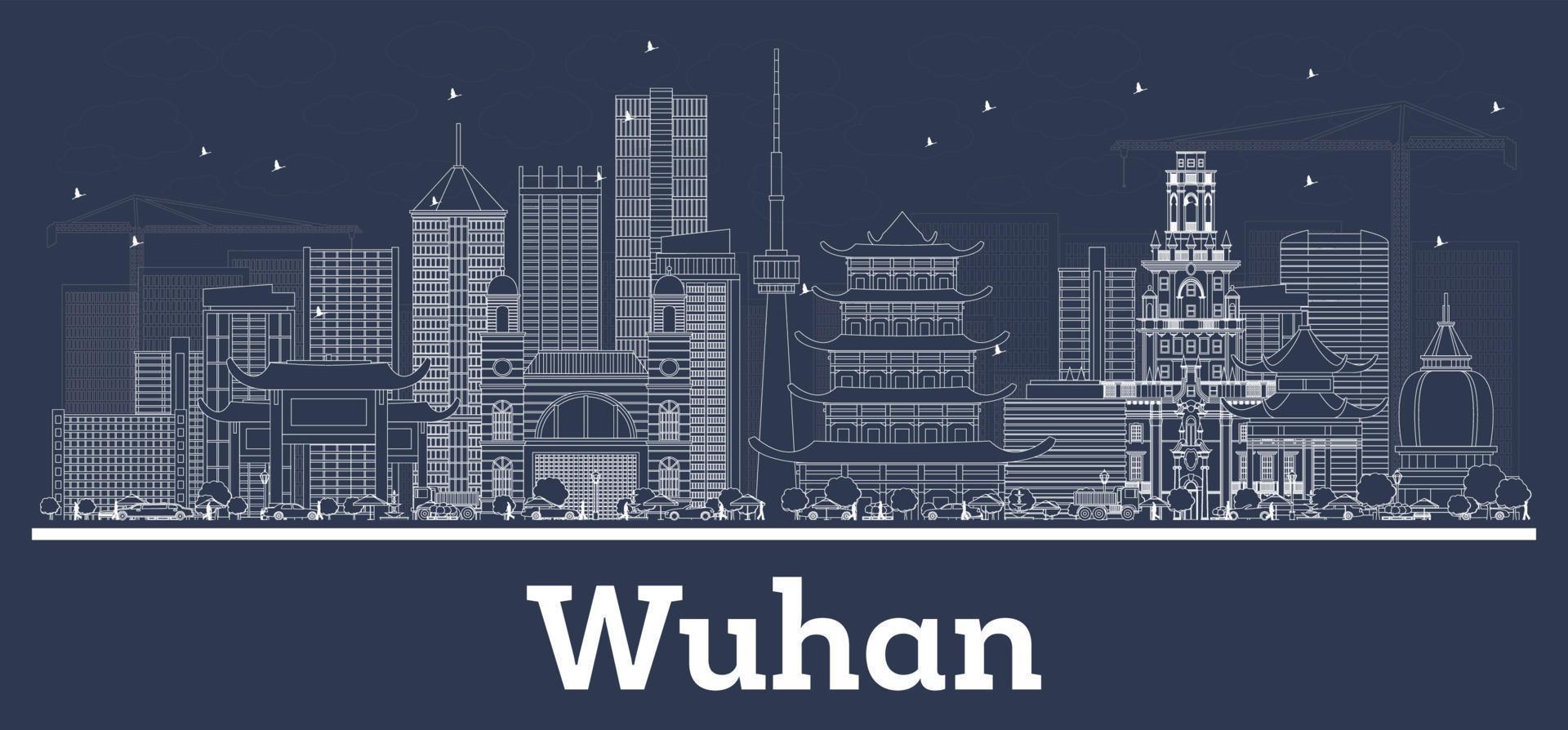 skizzieren sie die skyline der stadt wuhan china mit weißen gebäuden. vektor