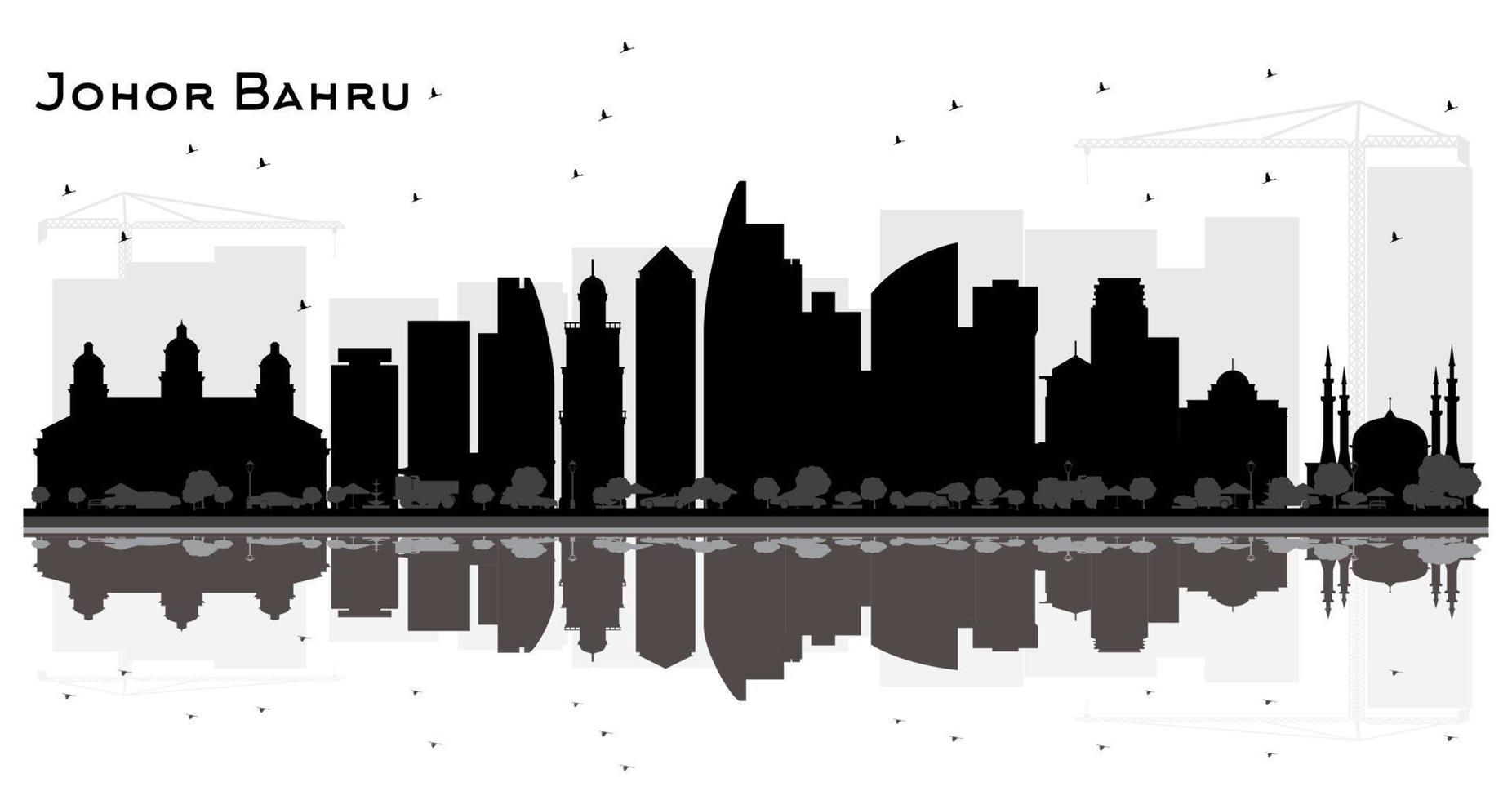 johor bahru malaysia city skyline silhouette mit schwarzen gebäuden und reflexionen. vektor