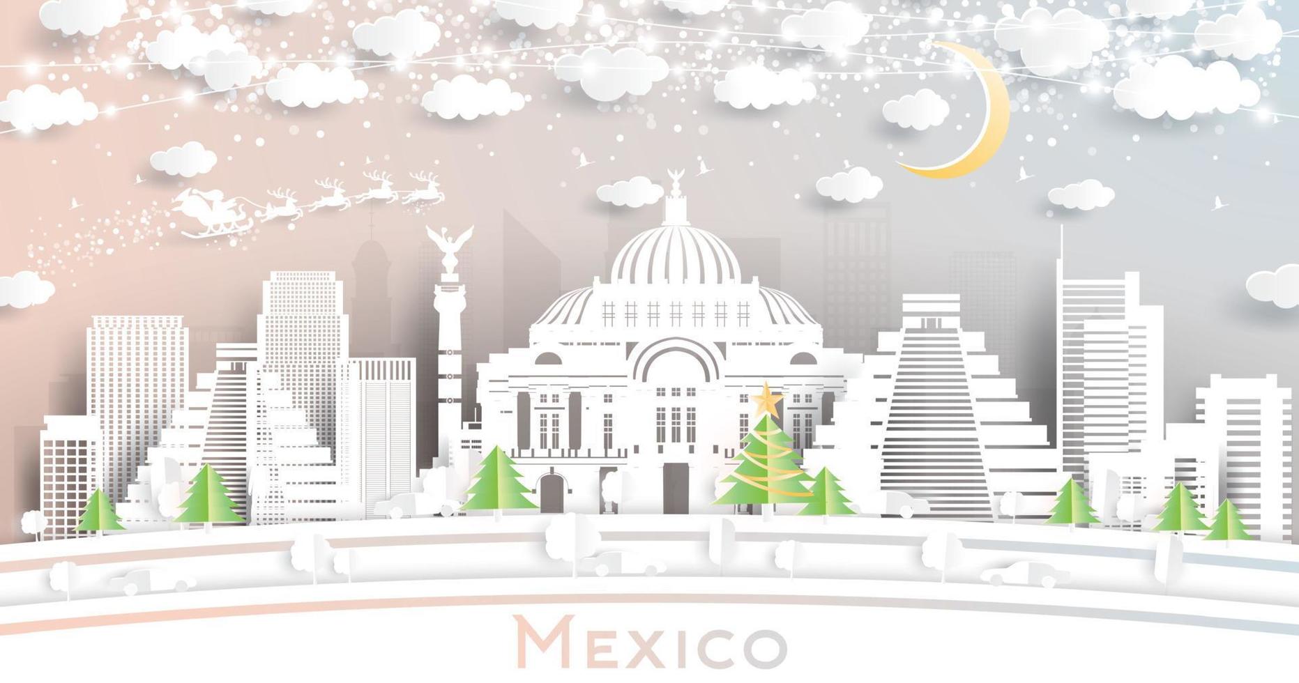 mexico stad horisont i papper skära stil med snöflingor, måne och neon krans. vektor