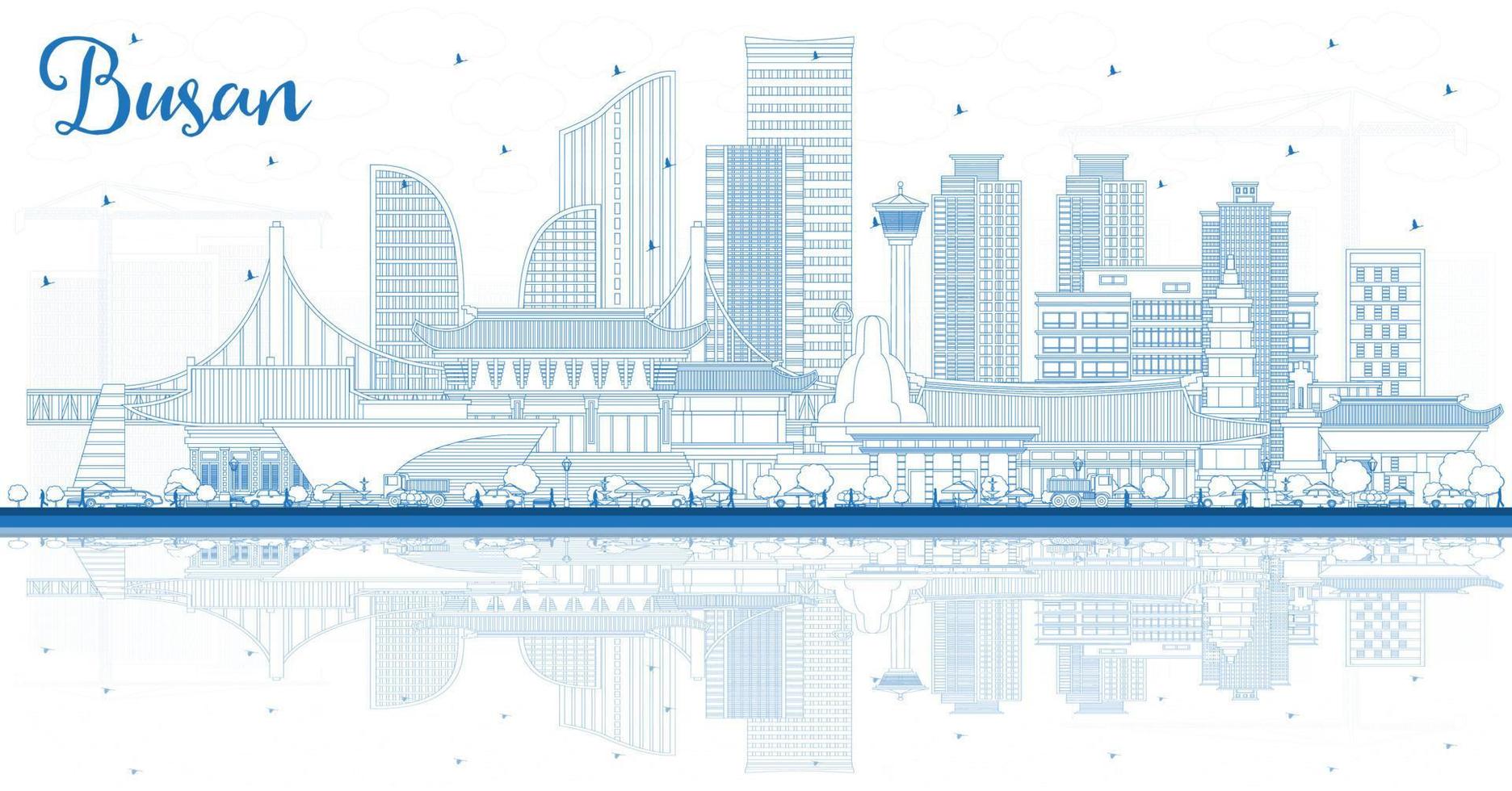 översikt busan söder korea stad horisont med blå byggnader och reflektioner. vektor
