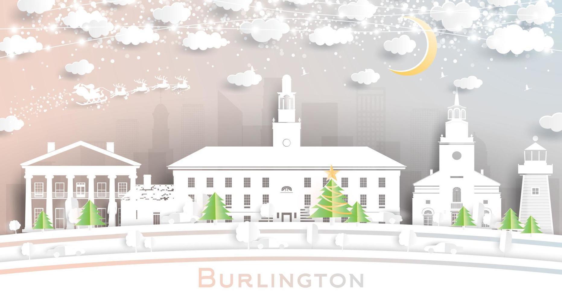 burlington vermont city skyline im papierschnittstil mit schneeflocken, mond und neongirlande. vektor