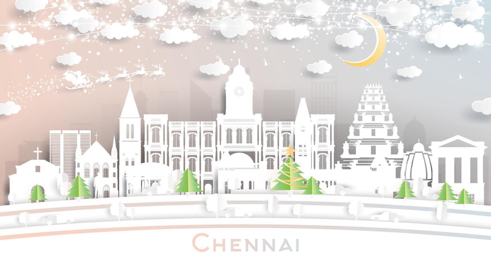 chennai india city skyline im papierschnittstil mit schneeflocken, mond und neongirlande. vektor