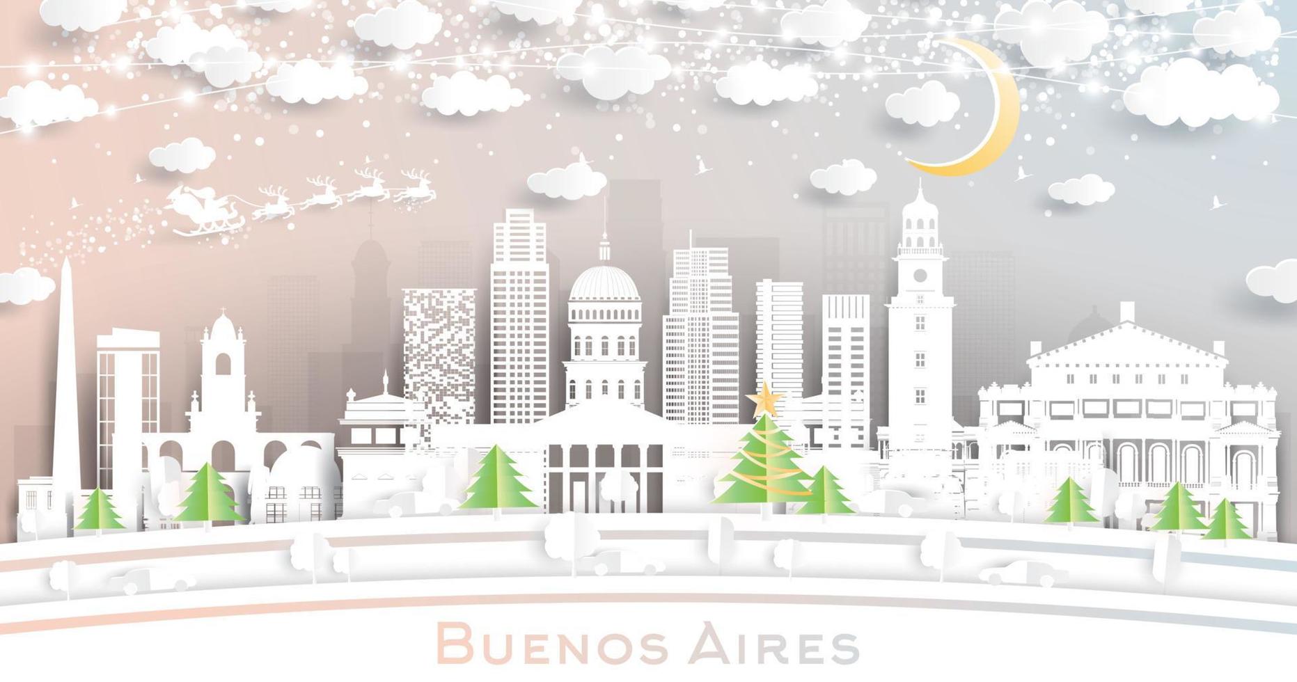 buenos aires argentinien stadtskyline im papierschnittstil mit schneeflocken, mond und neongirlande. vektor