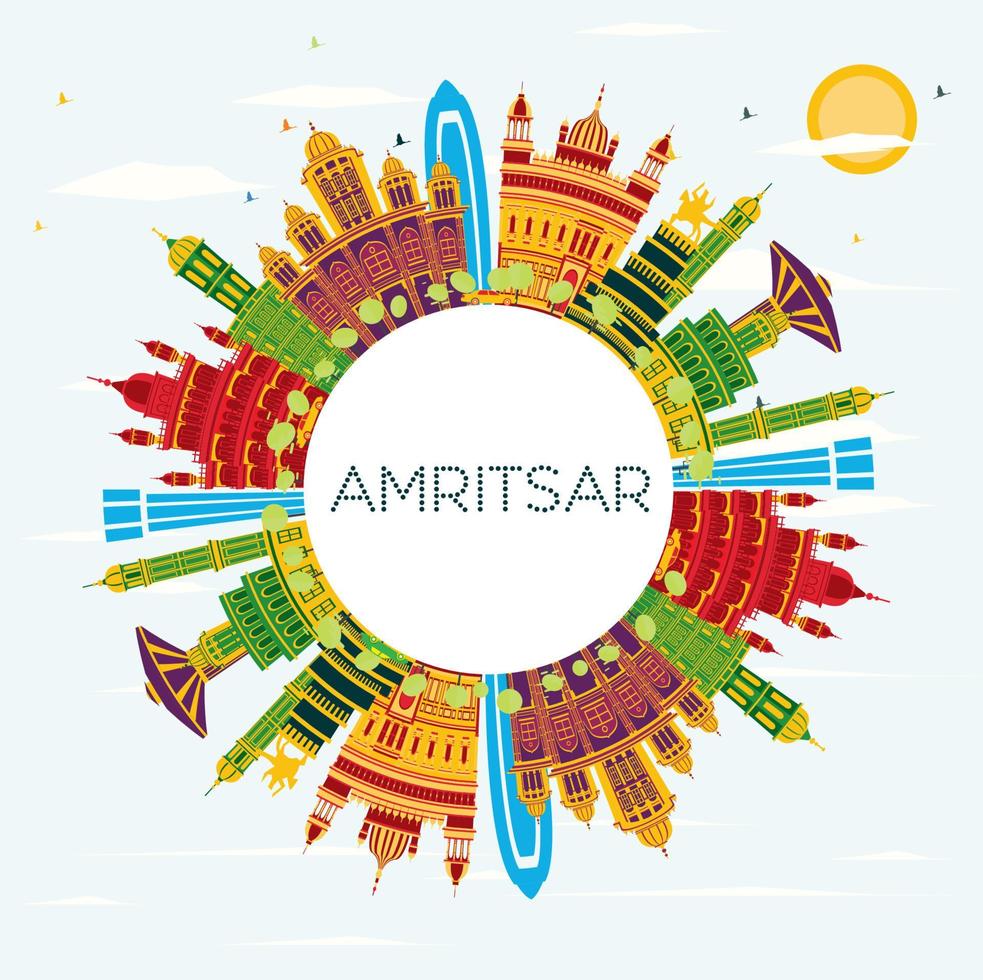amritsar indien stadtskyline mit farbigen gebäuden, blauem himmel und kopierraum. vektor