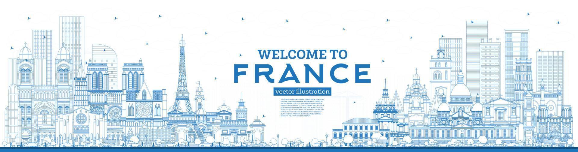Umriss Willkommen in der Skyline von Frankreich mit blauen Gebäuden. vektor