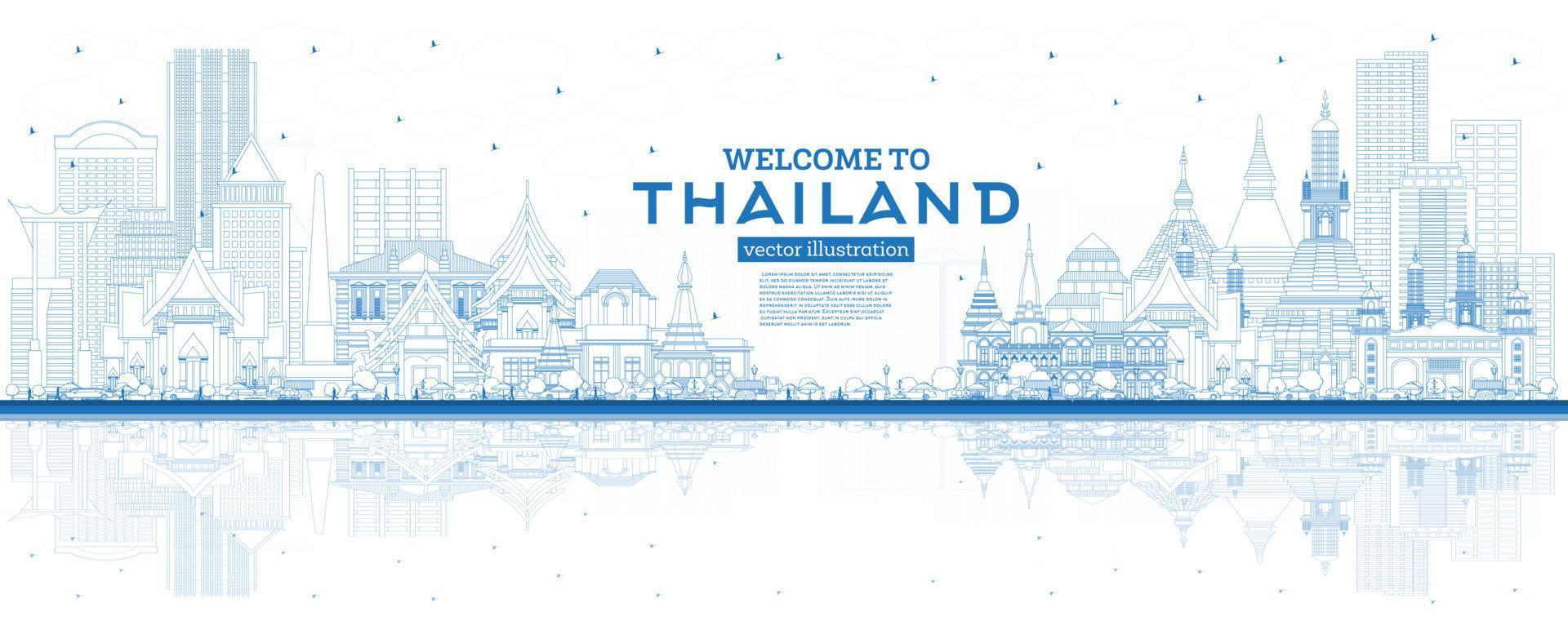Umriss Willkommen in der Skyline von Thailand mit blauen Gebäuden und Reflexionen. vektor