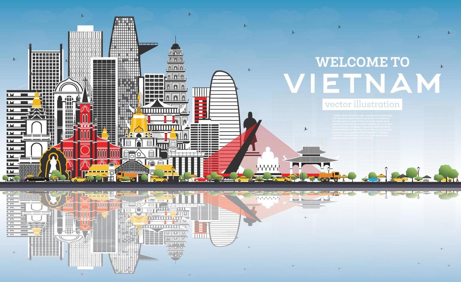 Välkommen till vietnam horisont med grå byggnader och blå himmel. vektor