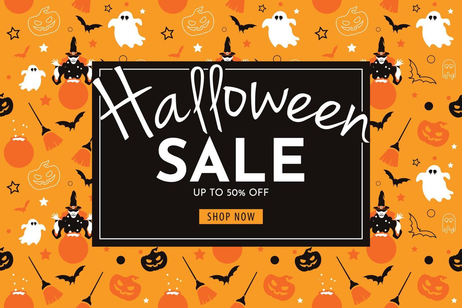 halloween försäljning med häxa, pumpa, kvast, spöke, och fladdermus. sömlös baner och bakgrund vektor illustration