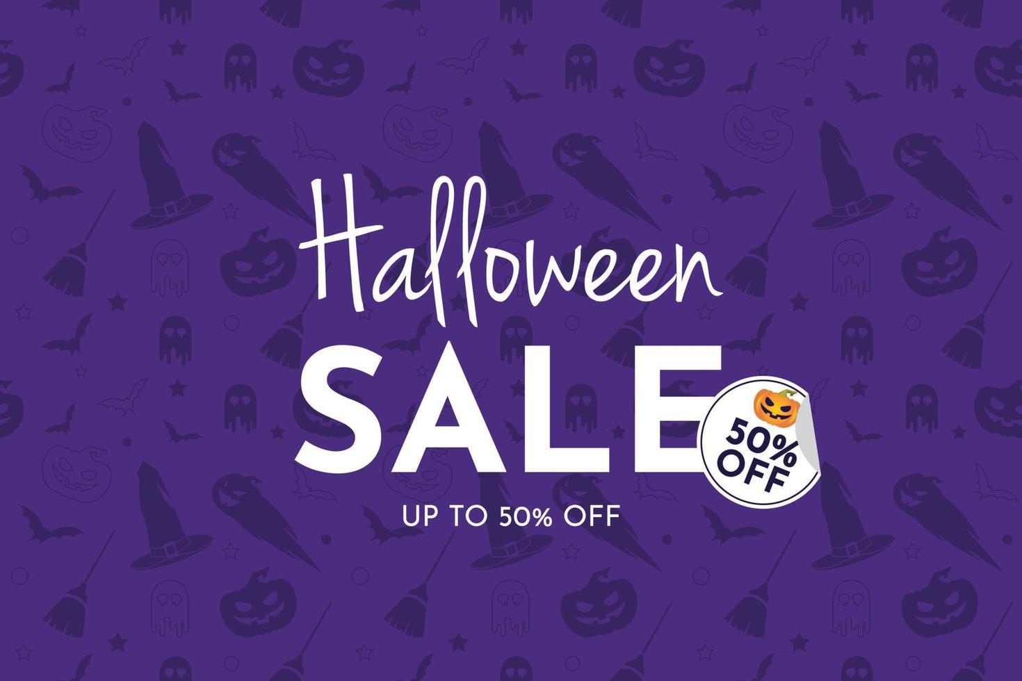 halloween försäljning vektor med pumpa, häxa hatt, kvast, spöke, och fladdermus. sömlös baner och bakgrund illustration