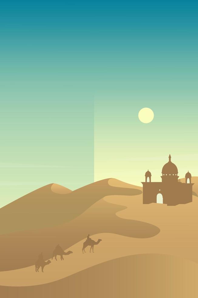 minimalistische wüstenpanoramalandschaft mit sanddünen und moschee an sehr heißem sonnentag sommerkonzept. Landschaft Natur Hintergrund Vektor-Illustration vektor