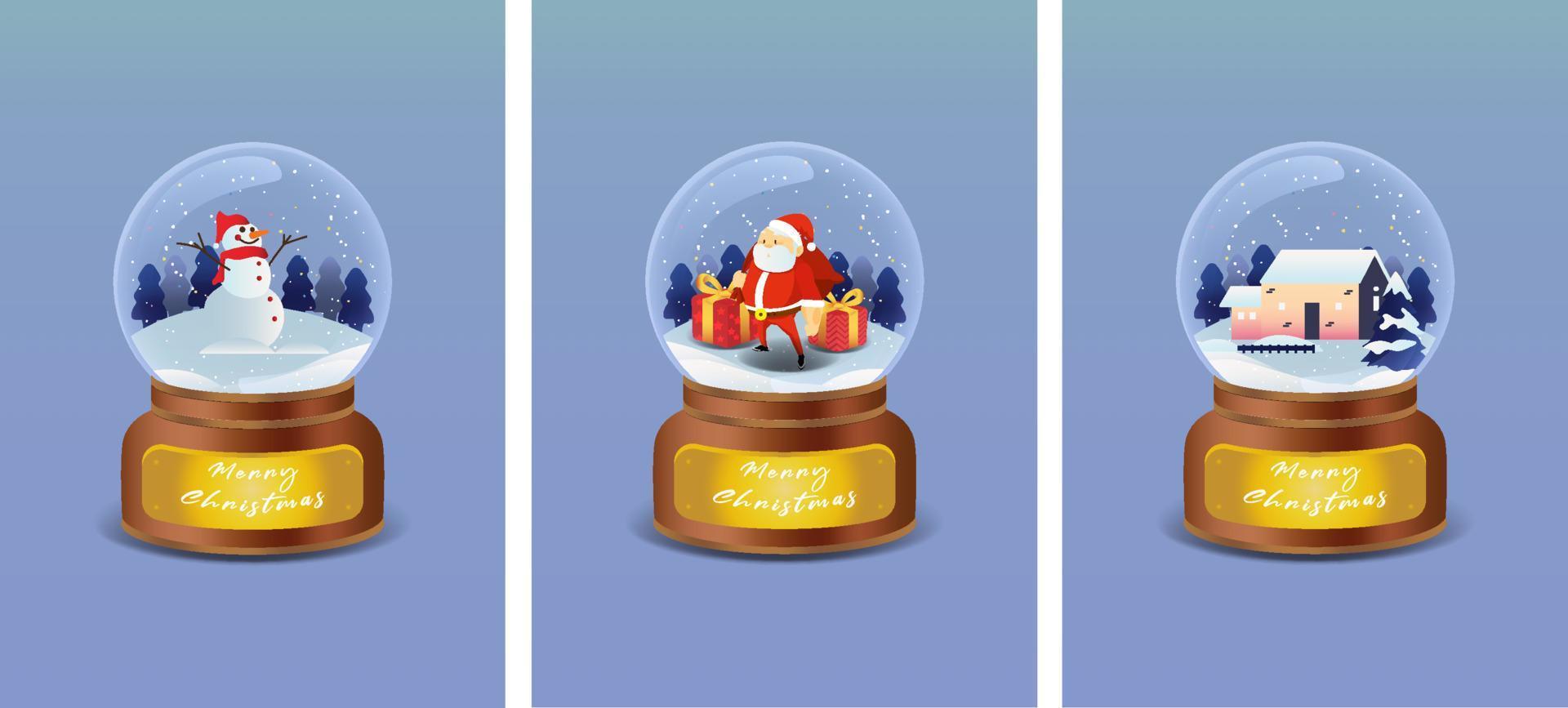 kristall boll med snögubbe, santa claus, och hus i vinter- landskap. vektor illustration
