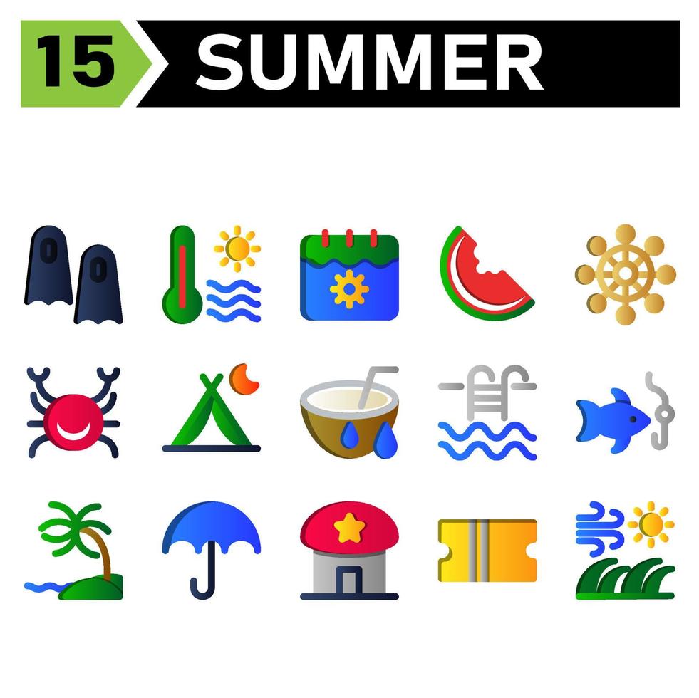 Das Sommer-Icon-Set umfasst Flossen, Schwimmfische, Sommer, Urlaub, Tauchen, Temperatur, heiß, Sonne, Wetter, Kalender, Datum, Urlaub, Wassermelone, Obst, Reise, Essen, Segel, Navigation, Rad, Richtung, Krabbe vektor